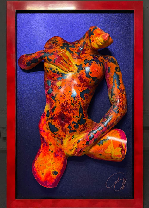 Lahira 150-2023 – orange sculpture in a frame